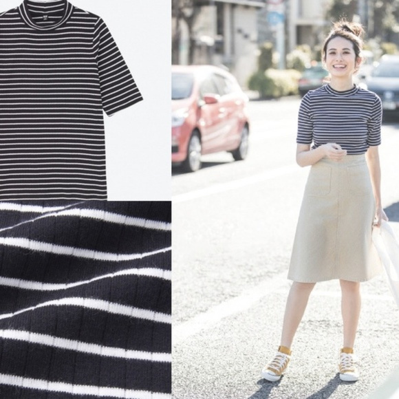 Uniqlo Tops - Uniqlo striped short-sleeve navy turtleneck